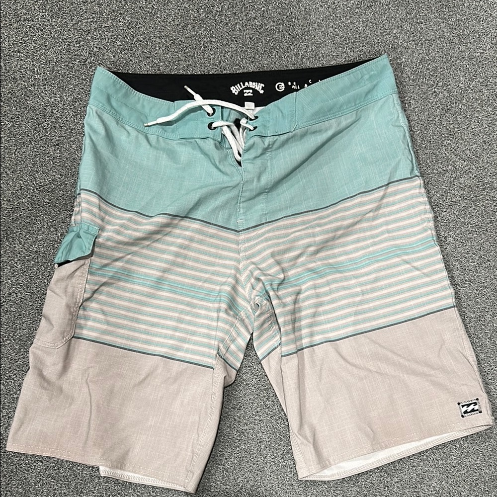 Billabong Blue and Gray Board Shorts with Drawstring Waist